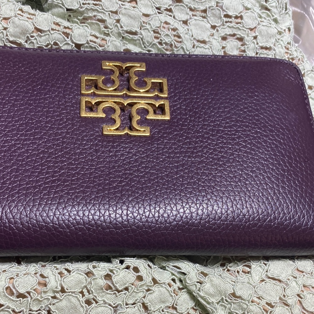 Tory Burch Plum Leather Wallet with Gold Logo